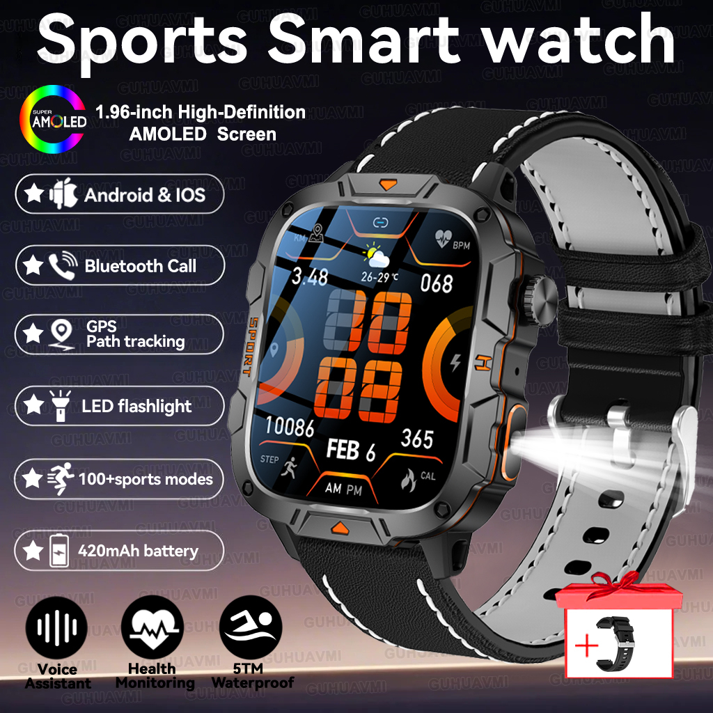 2025 For Xiaomi Outdoor Sports Smart Watch GPS trackr 5ATM Flashlight 1.96" HD Display Screen Bluetooth call Men Fitness Watches