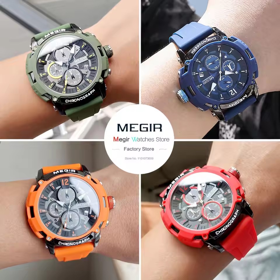 MEGIR 2208 Sport Factory Watches for Men Big Dieal Silicone Strap 3D Scale Waterproof Luminous Chronograph Quartz Wristwatch