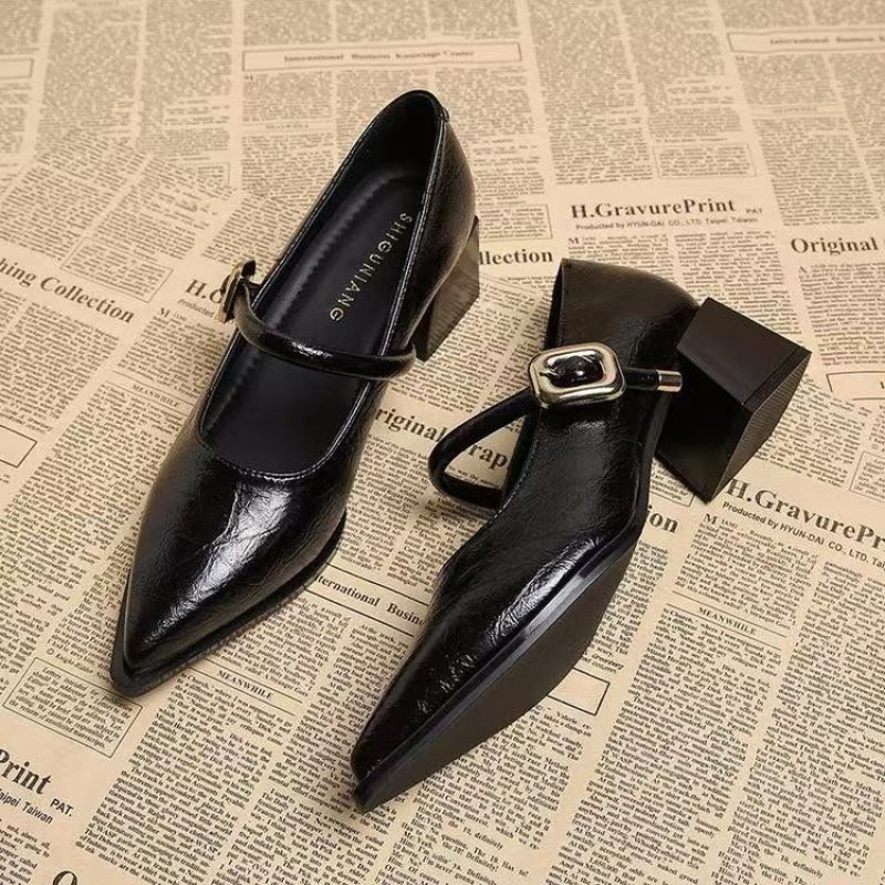 2025 Premium Leather Mary Janes - French Vintage Pointed Toe Pumps Chunky Heel Single Strap Shoes Buckle Decor