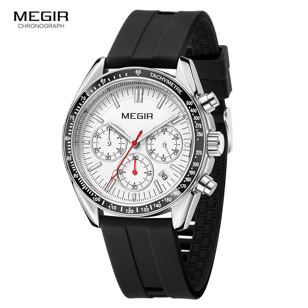 MEGIR Chronograph Quartz Watches for Men Military Sport Waterproof Wristwatch with Silicone Strap Auto Date Luminous Hands 8105