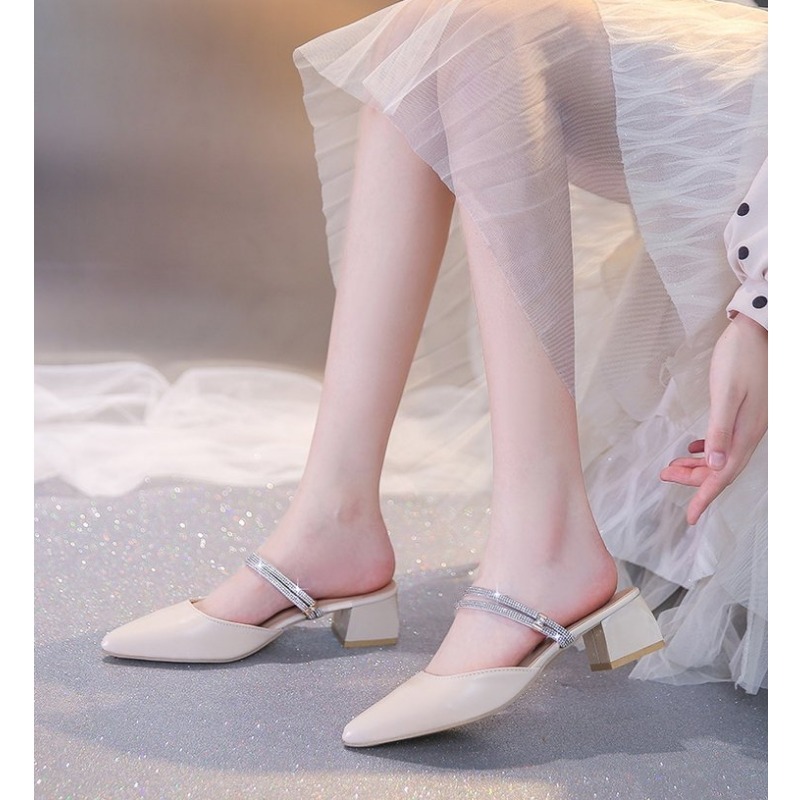 new Korean version fashion rhinestone toe slippers thick-heeled pointed women's summer Hong Kong style two-wear sandals