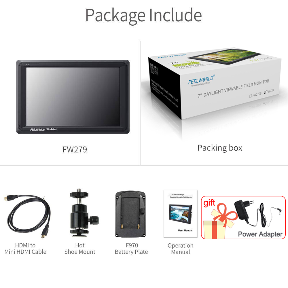 FEELWORLD FW279 7 Inch 2200nit Daylight Viewable Camera Field Monitor High Brightness 4K HDMI Input Output 1920X1200 IPS Panel