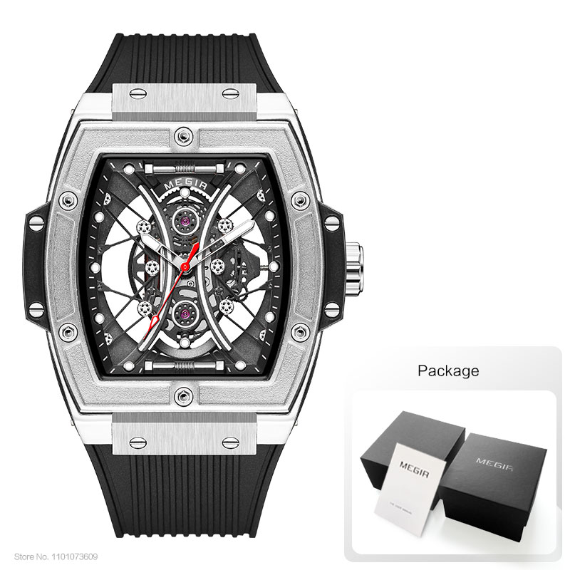 MEGIR Fashion Analog Quartz Watch Men Tonneau Dial Waterproof Military Sport Wristwatch with Luminous Hands Orange Silicone Band