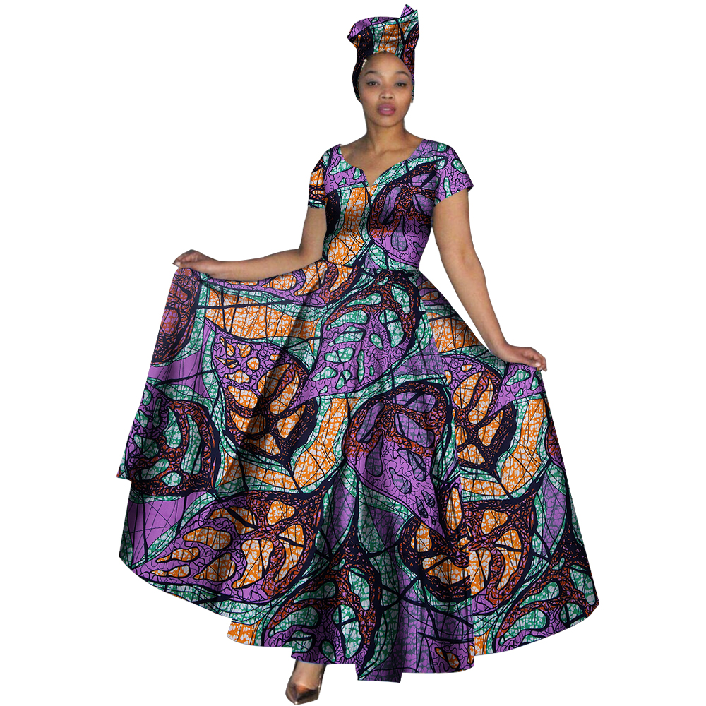 Fashion Women Clothes African Dresses Ankara Print V-neck Maix Long Dresses with Head Scarf Dashiki Women Outfit WY749