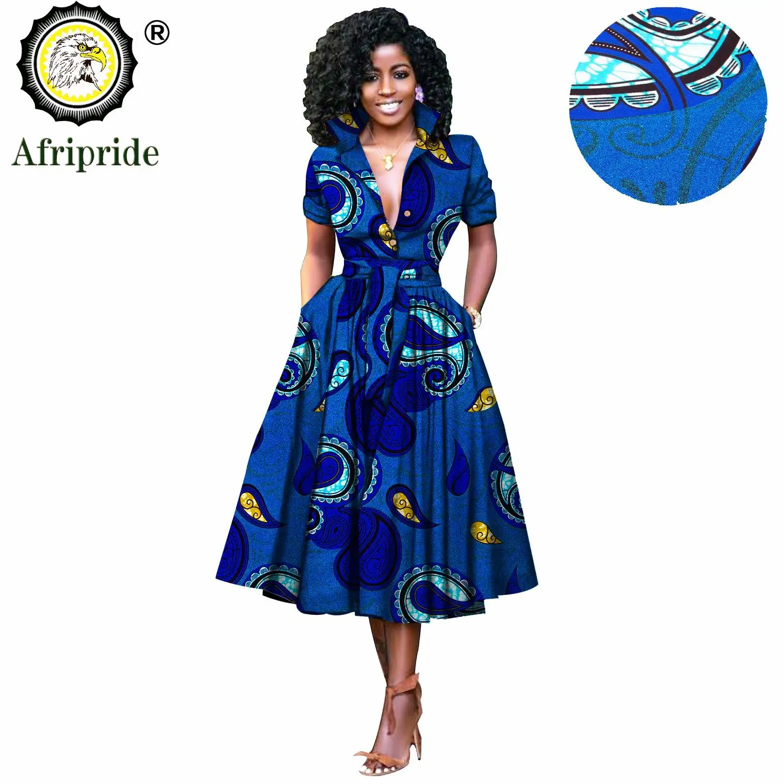 African Dresses for Women Short Sleeve V-neck High Waist Ankara Fabric Print Formal Dress Pure Cotton Bazin Riche Dress S2025072
