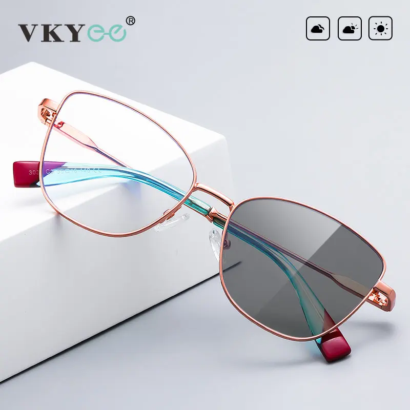 VKYEE Women Photochromic Anti Blue Light Reading Glasses Myopia Hyperopia Prescription Color Change Optical Eyeglasses PFD3032