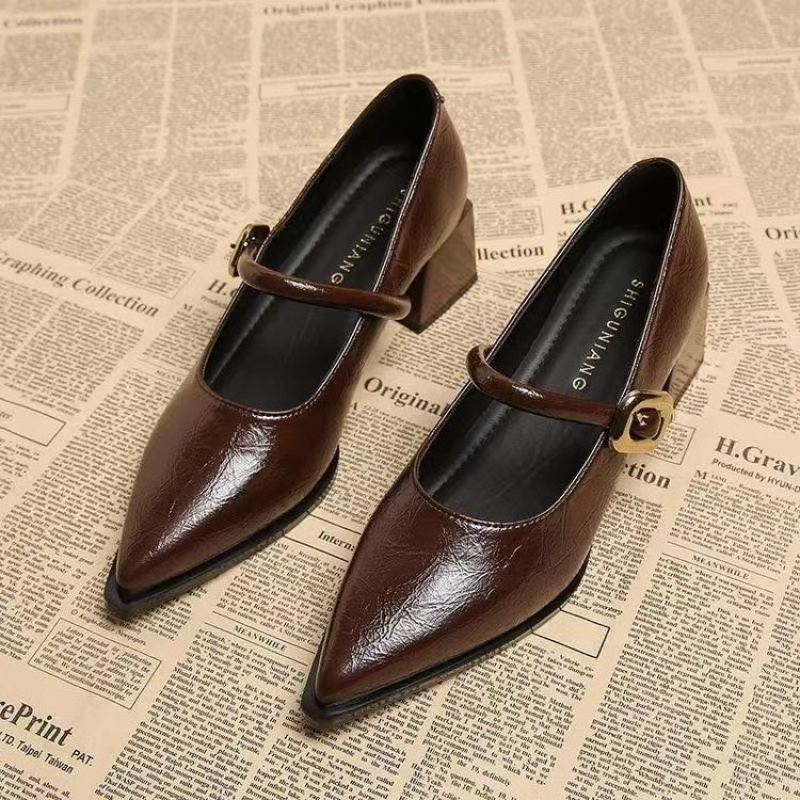 2025 Premium Leather Mary Janes - French Vintage Pointed Toe Pumps Chunky Heel Single Strap Shoes Buckle Decor