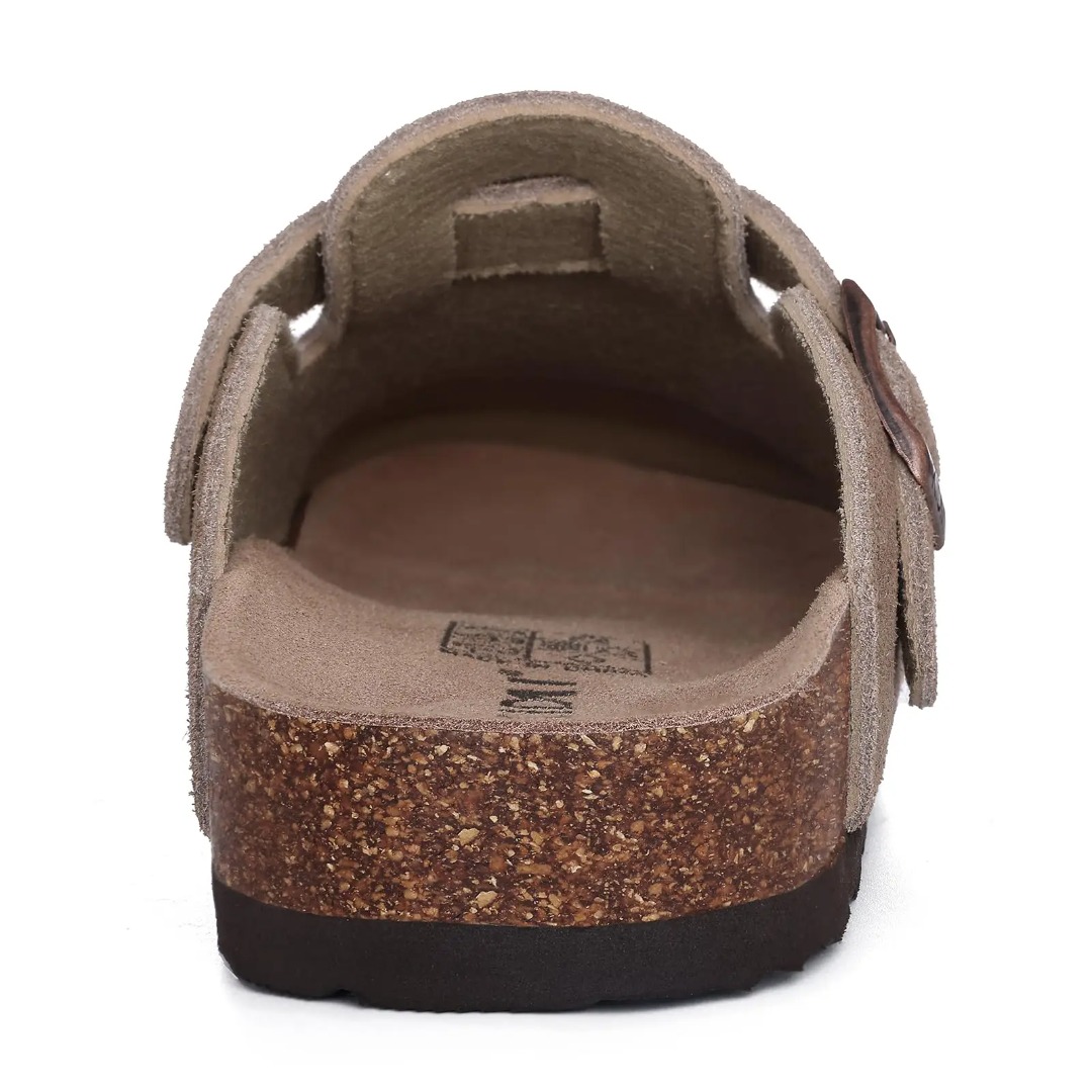 Men's and women's suede clogs, leather mules, cork soles, and cowhide Birkenstocks