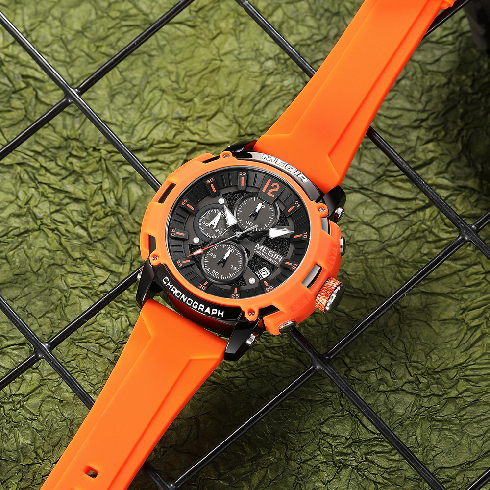 Megir Men's Chronograph Analog Quartz Watch for Men with Date Luminous Hands Orange Silicone Strap Waterproof Wristswatch Male