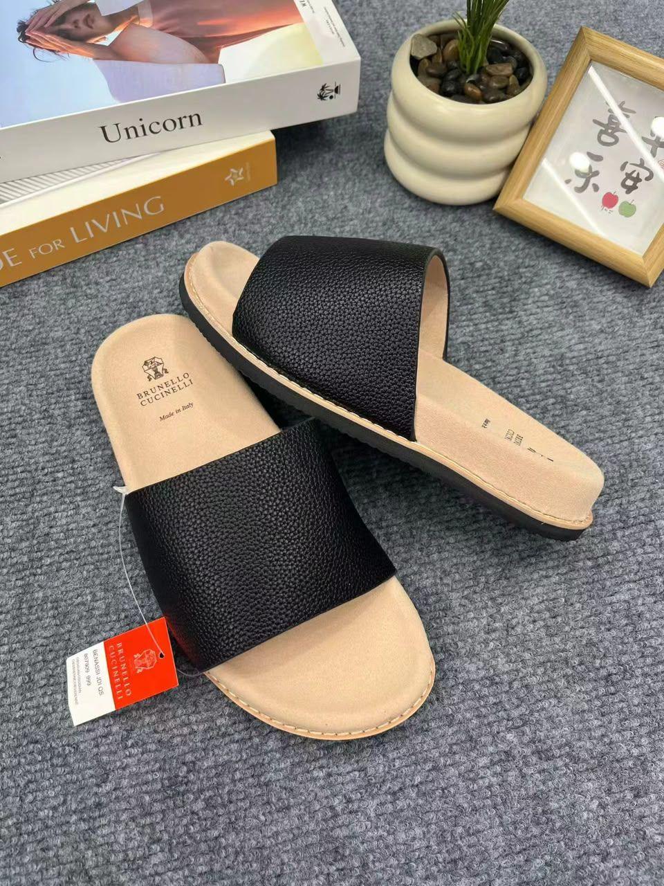 Brunello Cucinelli Olive Green Leather Slide Sandals