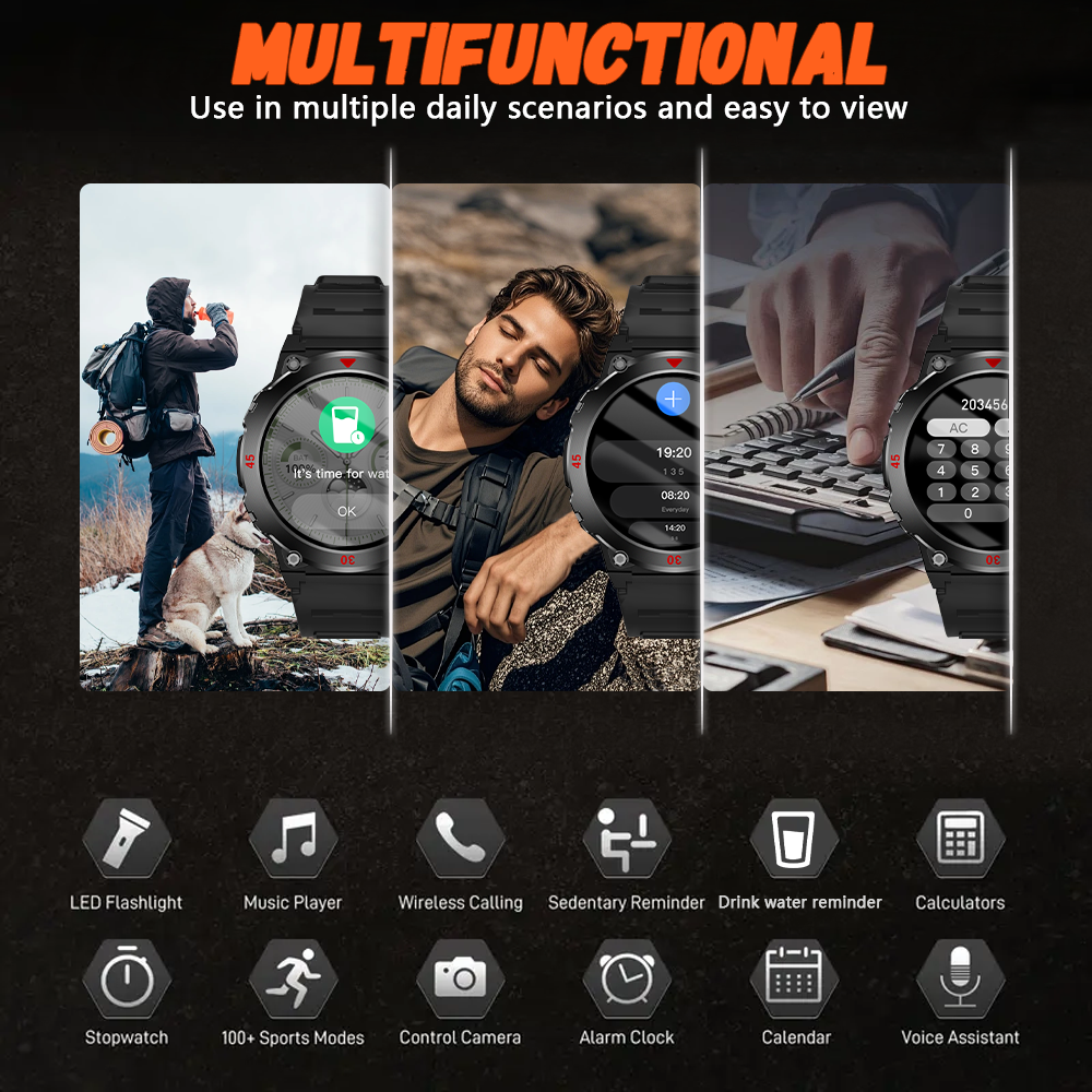 LAXASFIT 2025 New Outdoor Smart Watch LED Flashlight Men's Bluetooth Calling Sports Fitness Tracking Smart Watch For Xiaomi