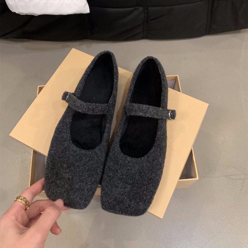 Autumn Woolen Fur Women Cotton Flats Shoes Concise Outdoor Soft Sole Shoes Ladies Comfort Square Toe Warm Mary Jane Shoes