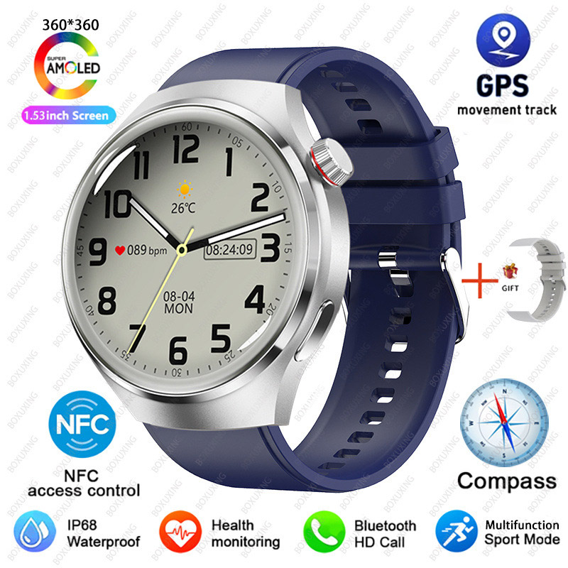 2025 New Watch 4 Pro GPS NFC Smart Watch Men 360*360 AMOLED Screen Heart Rate Bluetooth Call Waterproof Sports Man Smartwatch