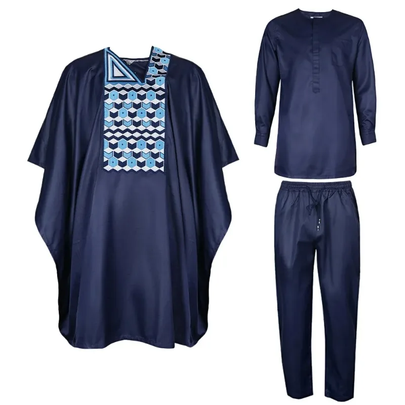 3 Piece African Clothes for Men Dashiki Tradition Outfit Robe Embroidery Tops Pants Suits Bazin Muslim Wedding Party Clothing