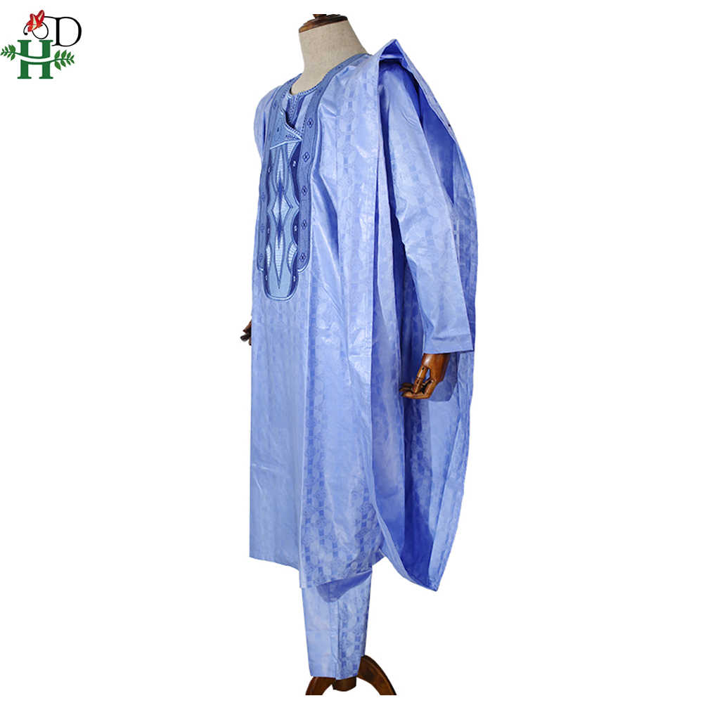H&D South African Traditional Wear Formal Attire Bazin Riche Dashiki Outfits Shirt Pants Robe Suit No Cap African Men Agbada
