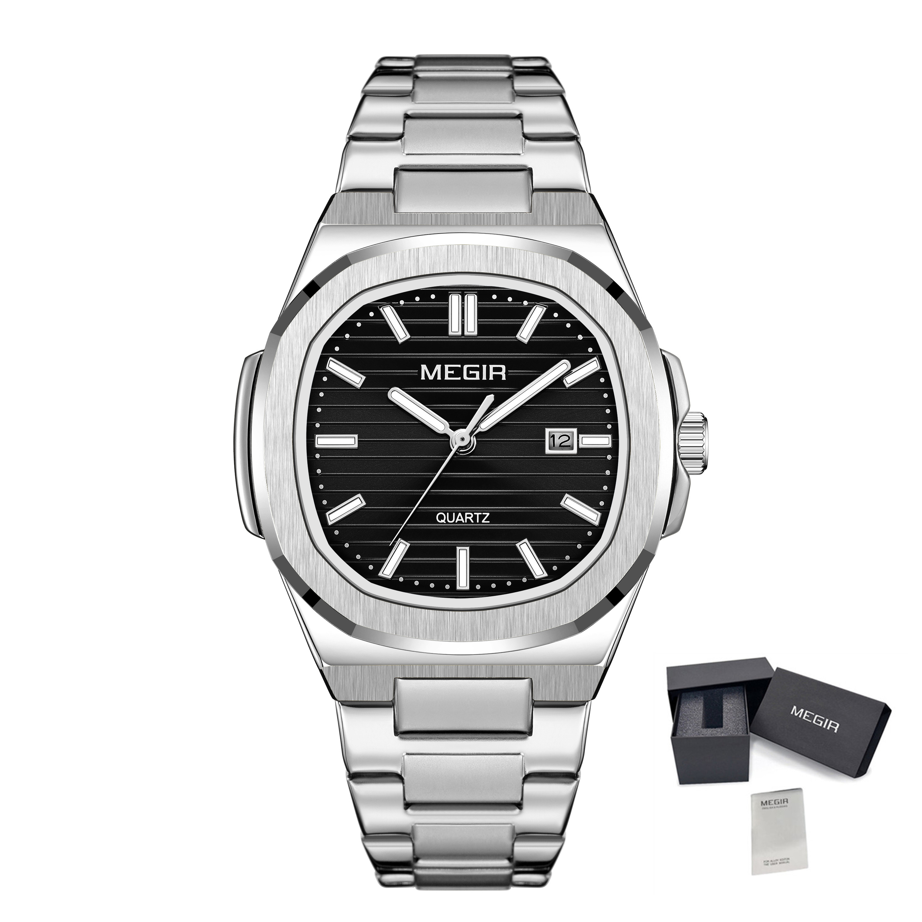 MEGIR Classic Stainless Steel Bracelet Quartz Watch for Men Waterproof Calendar Business Leisure Wristwatch Big Dial Clock 1084