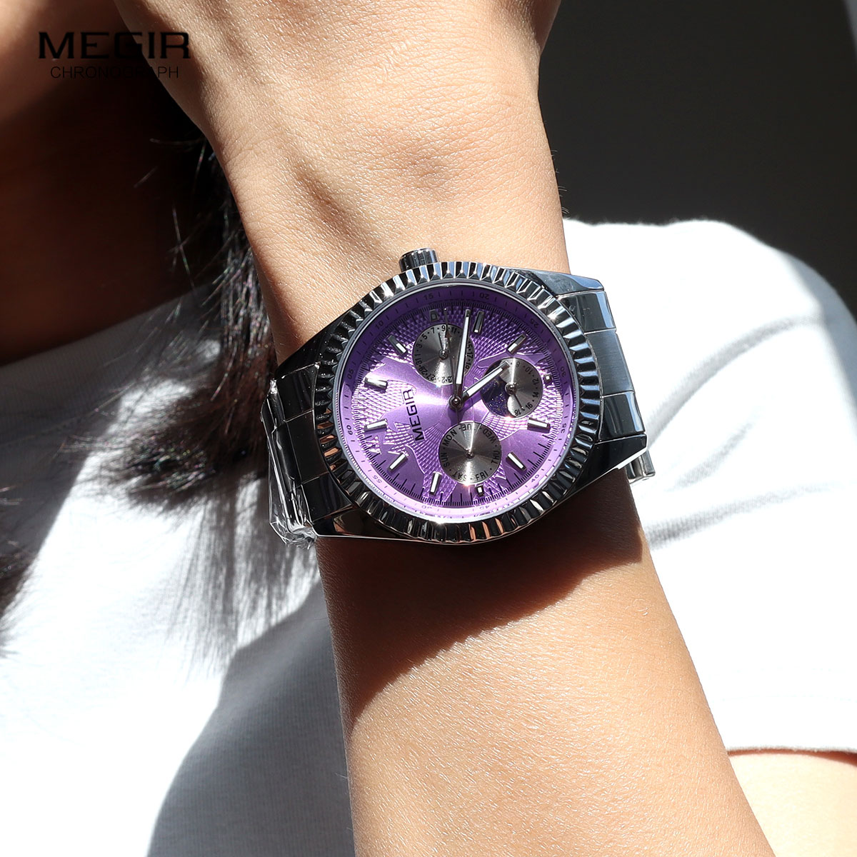 MEGIR Men's Quartz Watch with Stainless Steel Strap Fashion Business Style Wristwatch with Day Date 24-Hour Moon Phase Function