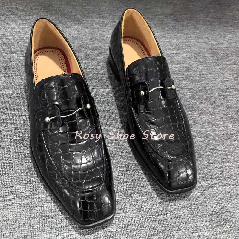 Men's Black Exquisite Crocodile Embossed Leather Shoes Fashion Silver Jewelry Embellishment Slip On Square Heel Business Shoes