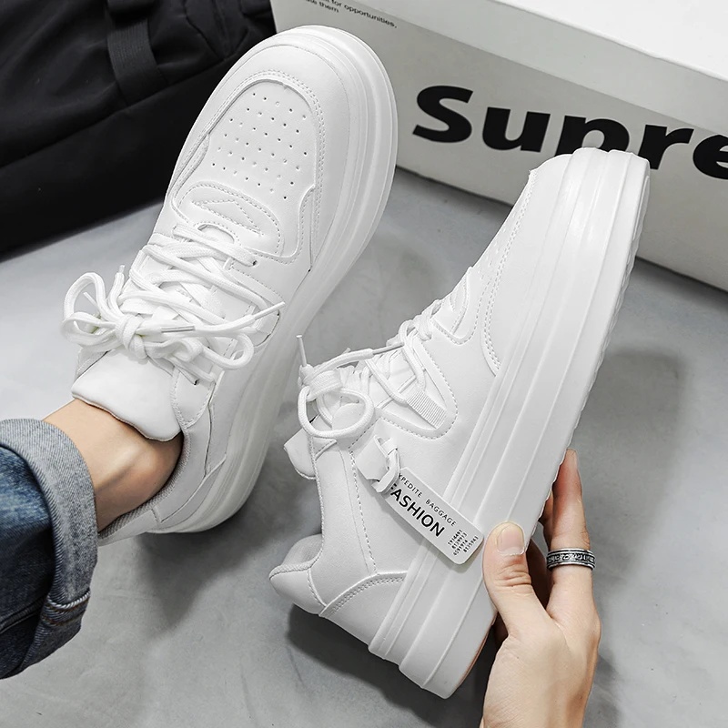 New Autumn/Winter Men's Casual Sneakers 12cm Increased Height 10cm Thick Sole White Shoes High Top Rubber Base Male Footwear