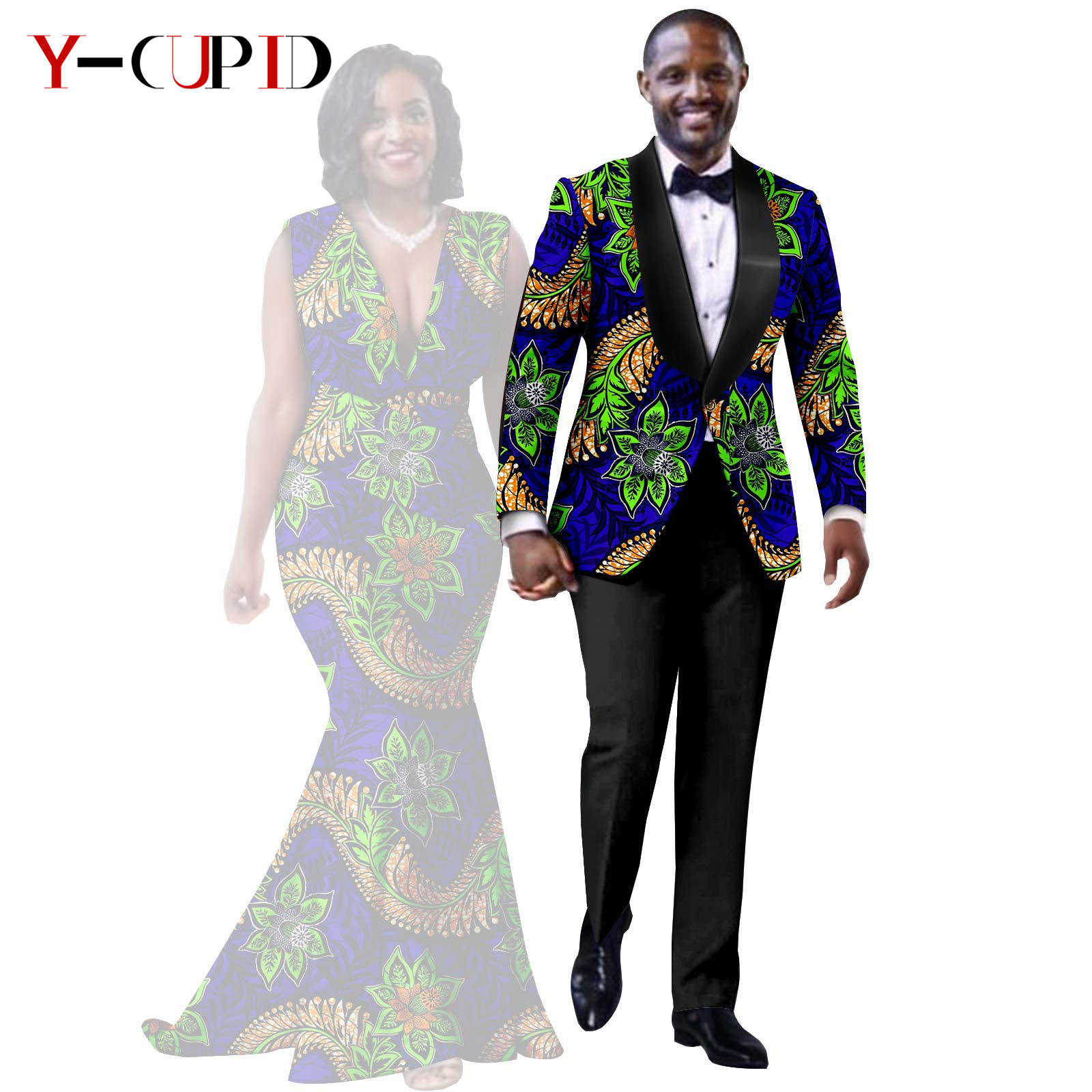 African Print Long Mermaid Dresses for Women Matching Couple Clothes Men Suits Top and Pant Sets Dashiki Party Wedding 25C005