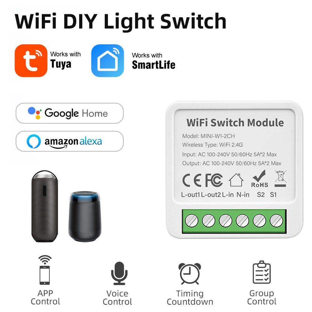 16A Tuya Smart WiFi Switch,2-way Mini Light Switch Power Metering Breaker,For Alexa,Google Home,Yandex Alice,Smart Life Control