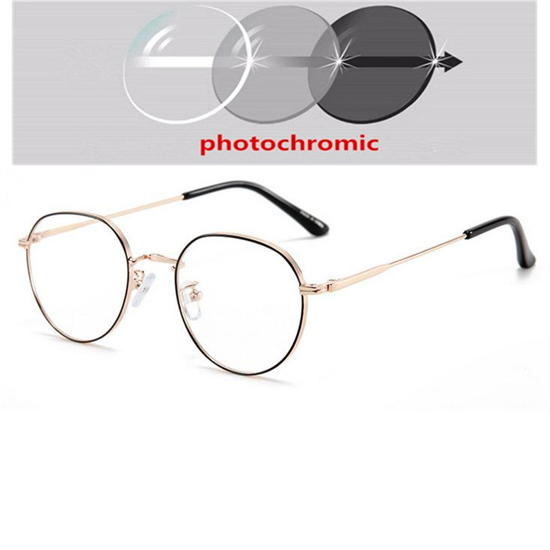 Metal Anti Blue Light Polygon Myopia Glasses Finished Women Men Photochromic Gray Prescription Eyeglasses 0 -50 -75 -100 To -400