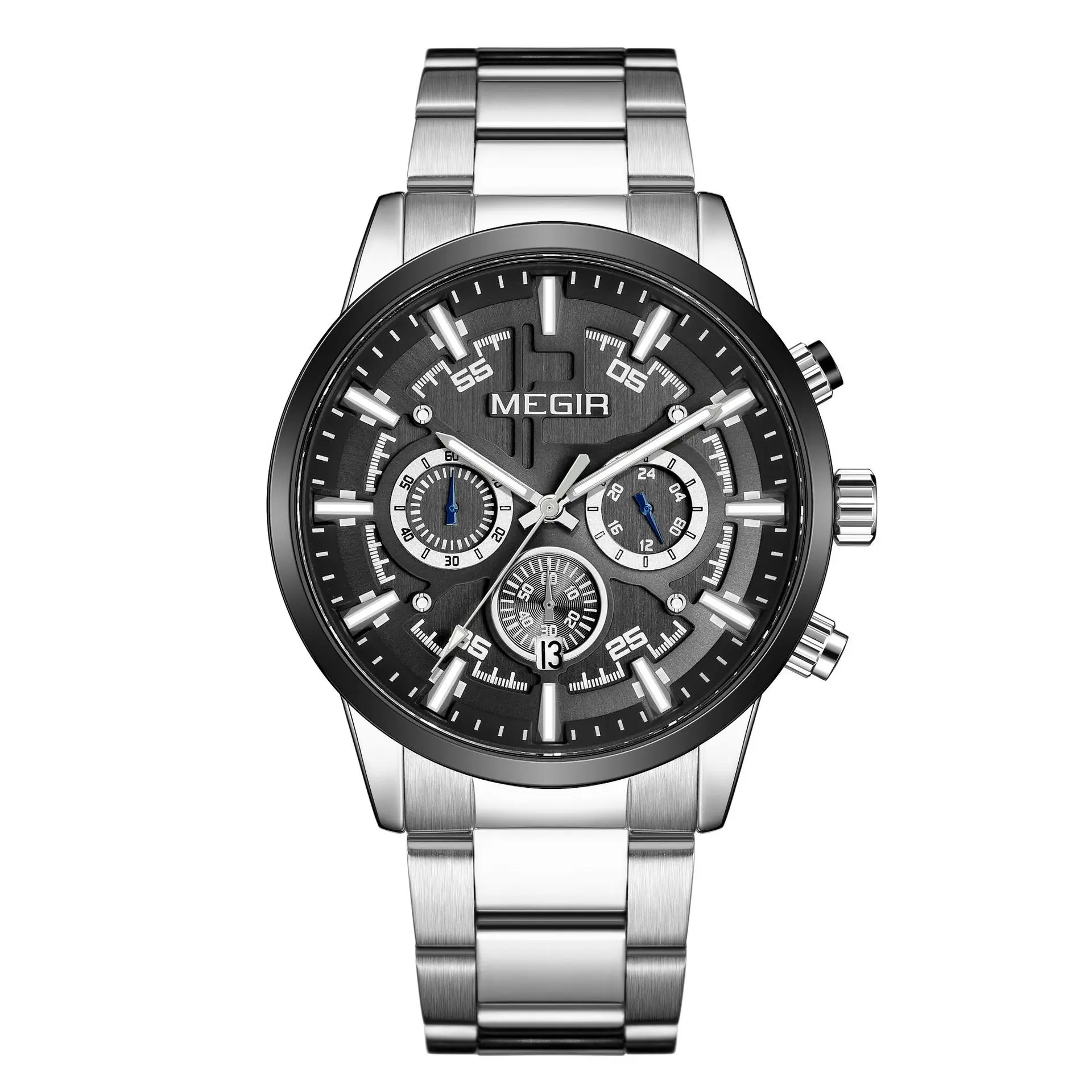 MEGIR 2220 Men's Quartz Watch Fashion and Elegant Business Chronograph Calendar Waterproof Stainless Steel Strap Watches for Man