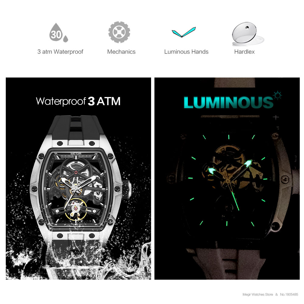 MEGIR 2242 Blue Automatic Watch for Men Sport Waterproof Stainless Steel Mechanical Wristwatch with Silicone Strap Skeleton Dial