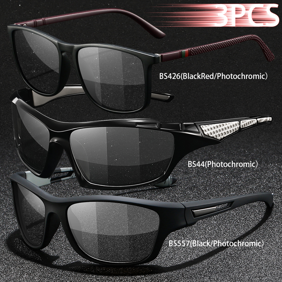 3PCS Photochromic Polarized Sports Vintage Sunglasses Men Women Cycling Driving Mountaineering Chameleon Sun Glasses UV400Eyewer
