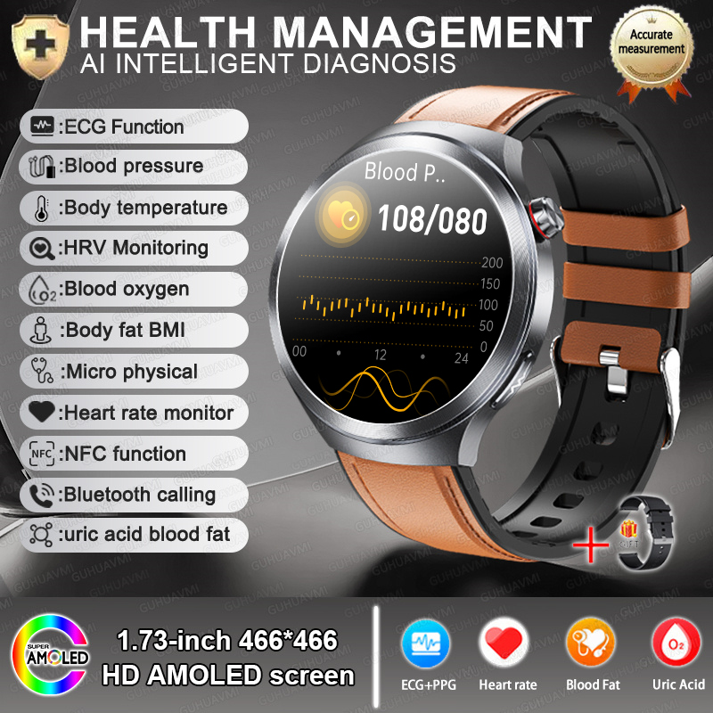 2025 New Health detection ECG+PPG Uric Acid Blood Oxygen Body Analysis Smart Watch Clock Bluetooth BT Call Smart Watch Men