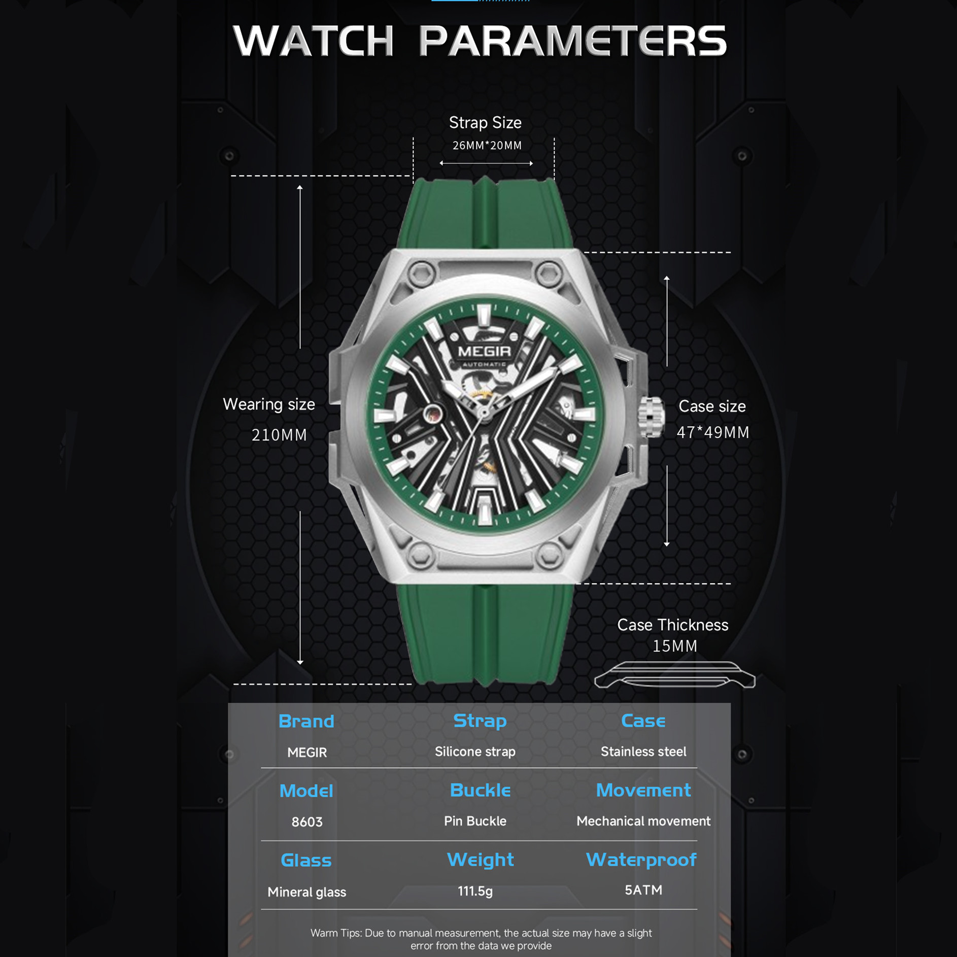 MEGIR New Stainless Steel Case Skeleton Mechanical Watch Waterproof Luminous Men Fully Automatic Wristwatch Silicone Strap Watch