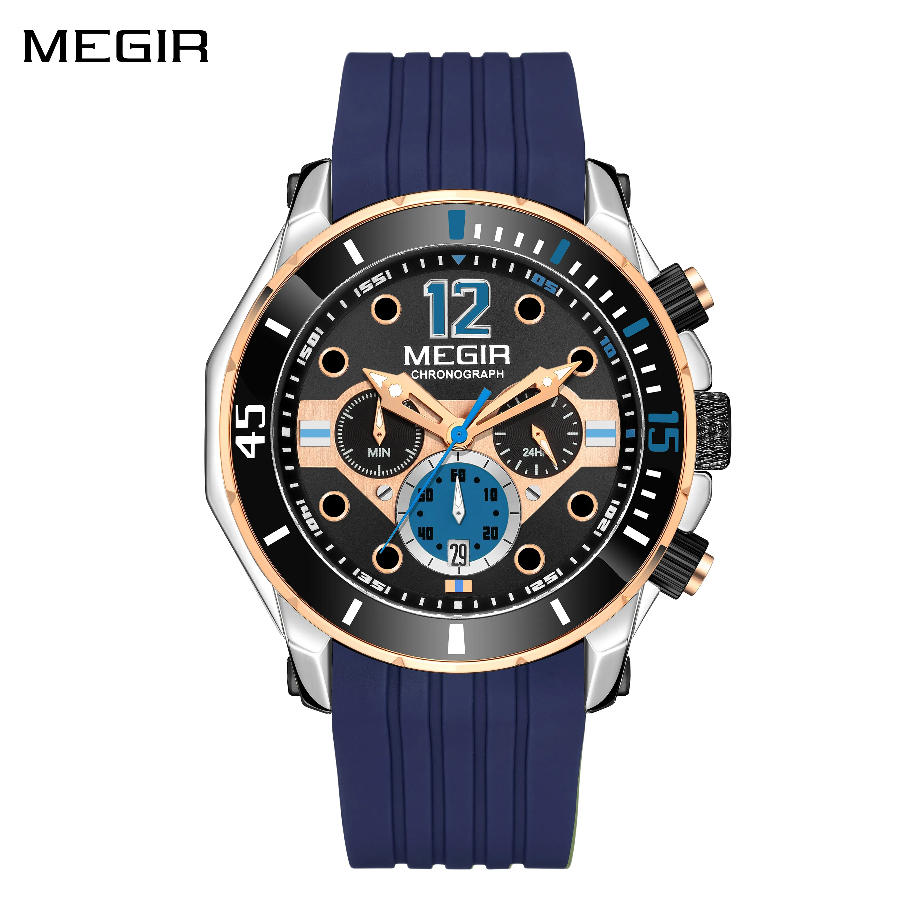 MEGIR 2206 Silicone Strap Men's Sport Watches Chronograph Waterproof Calendar Quartz Wristwatch Male Clock Relogio Masculino