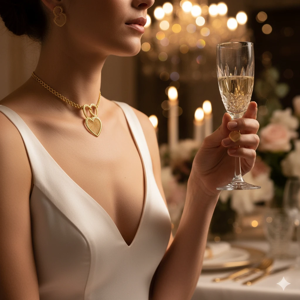 Golden Heart Mesh Jewelry Set - Necklace, Earrings & Ring