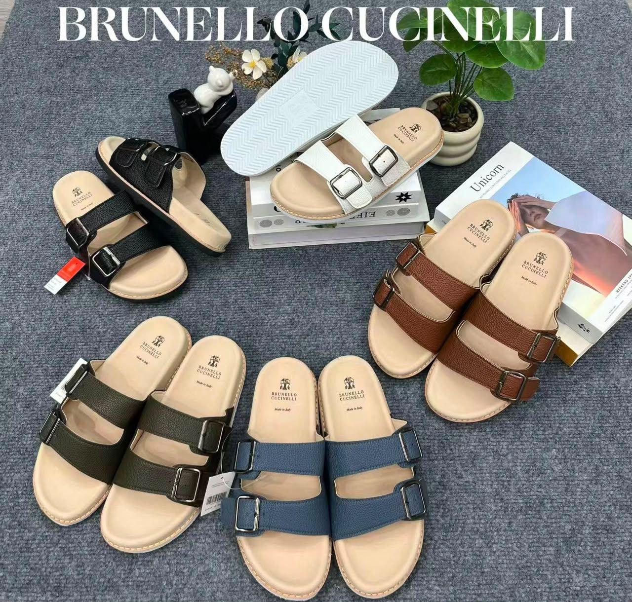 Brunello Cucinelli Olive Green Leather Slide Sandals