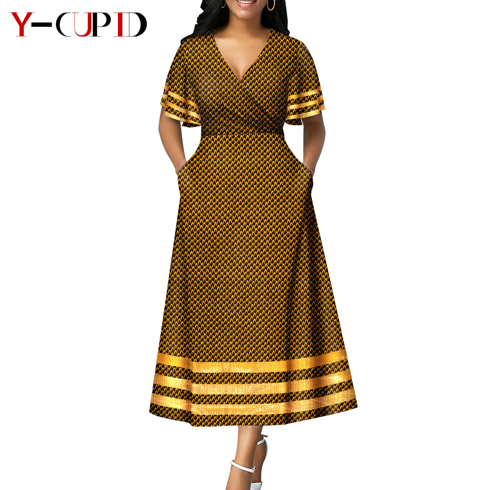 African Print V-neck Dresses for Women Couple Matching Men Outfits Top and Pant Sets Dashiki Bazin Riche Lover Outwear Y23C086