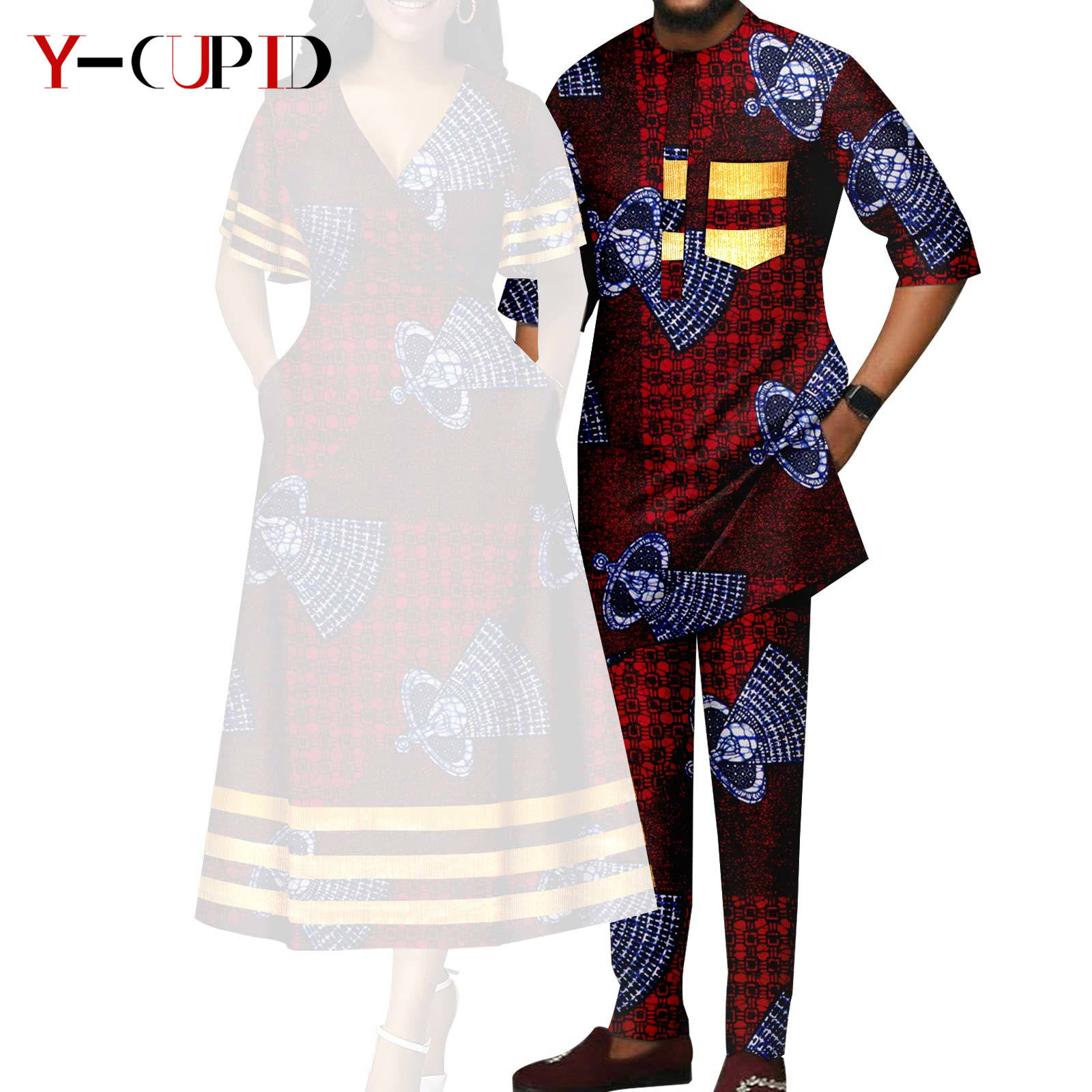 African Print V-neck Dresses for Women Couple Matching Men Outfits Top and Pant Sets Dashiki Bazin Riche Lover Outwear Y23C086
