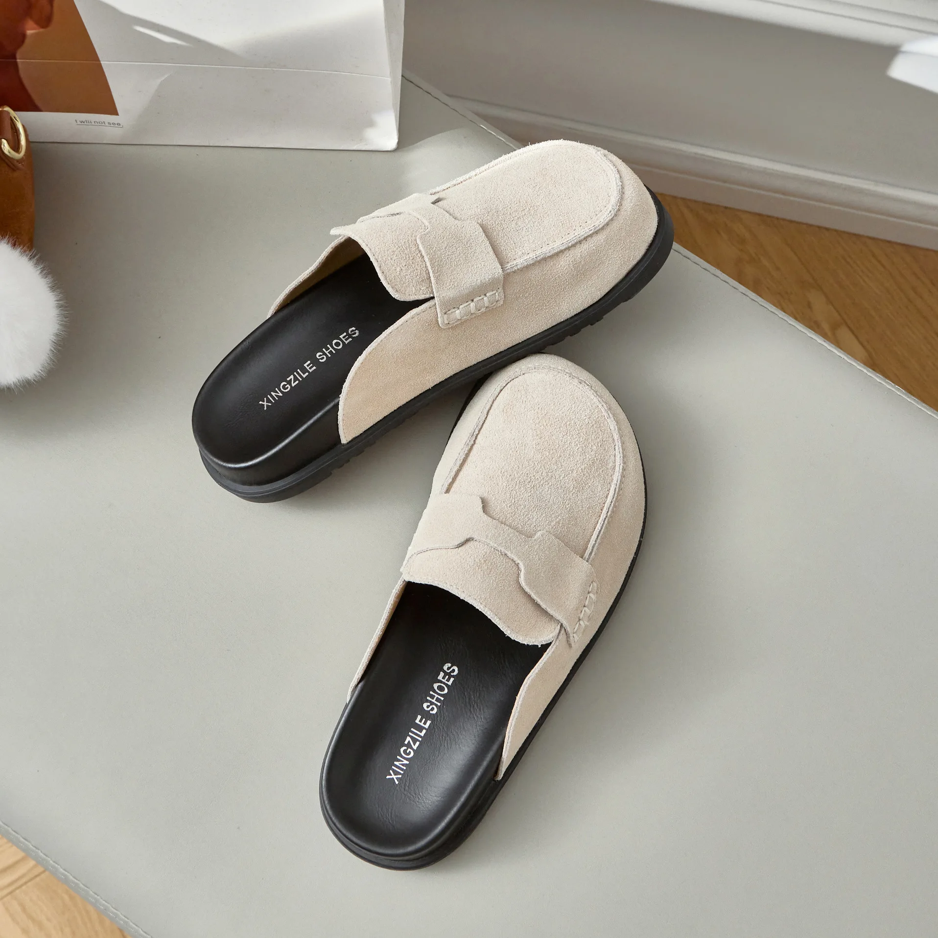 Soft Bottom Genuine Leather Women's Slippers Five Colors Available Bocan Outdoor Wear-Resistant Slip-On Shoes Korean Style