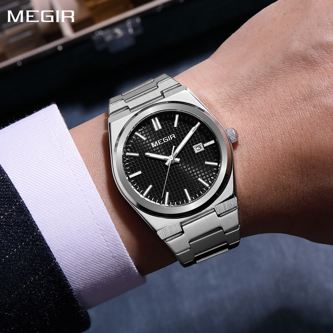 MEGIR Luxury Business Watches for Men Stainless Steel Strap Waterproof Calendar Male Quartz Wristwatch Clock Reloj Hombre 1086