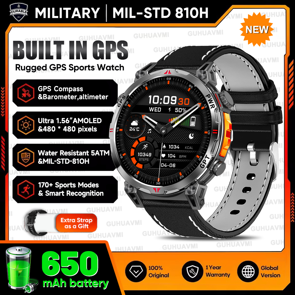 2025 New Military T-Rex3 GPS Smart Watch 5ATM Waterproof 650mAh Battery Heart Rate Compass AI GPT Sports tracker Smartwatch Men