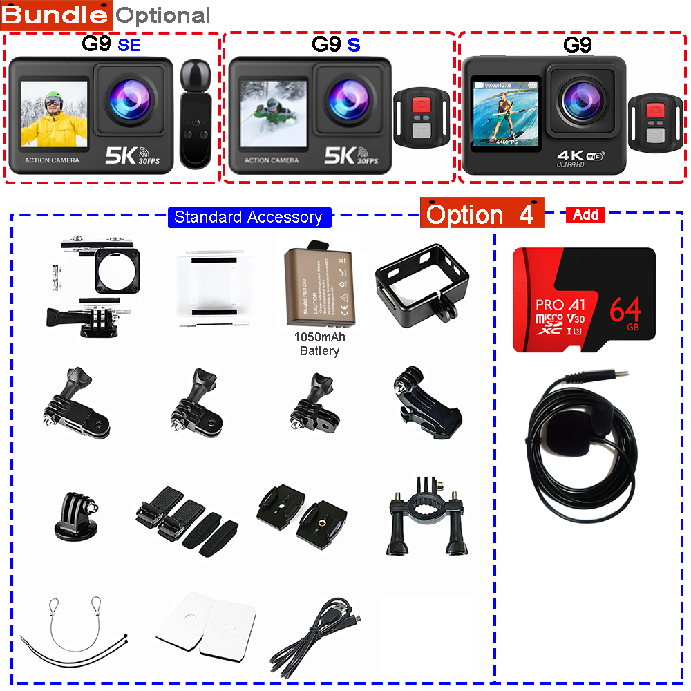 Action Camera 5K 4K60FPS 50MP 2.0 Touch EIS Pre-Record Wireless Mic Wi-Fi 170D DVR Webcam Waterproof 30M 5X Zoom Sports Camera