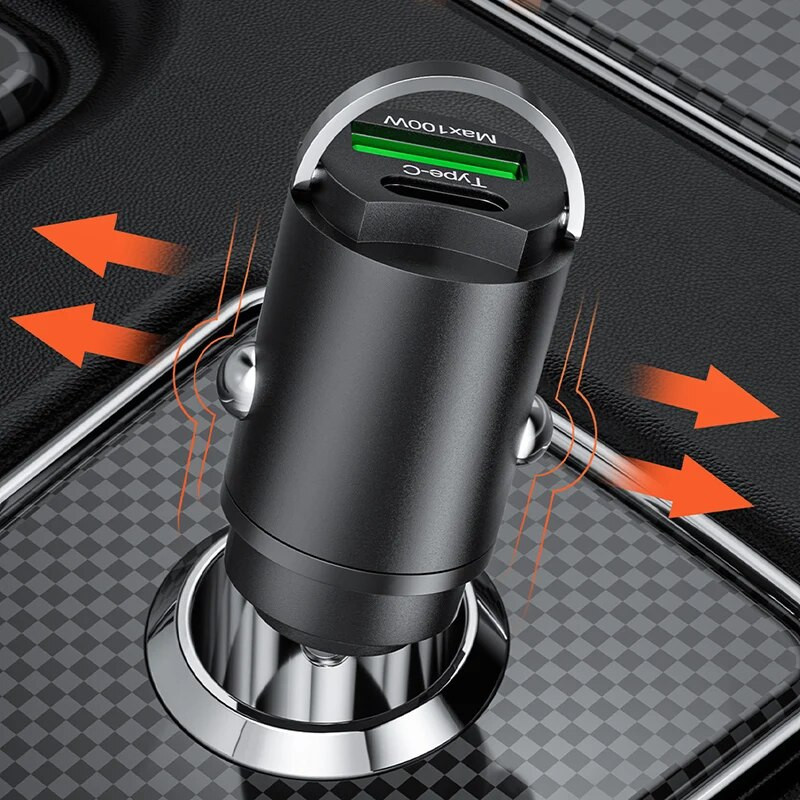 100W Mini USB Car Charger 2 Port Fast Charge Converter Type C USB PD Car Chargers Car Phone Charger Adapter For IPhone Xiaomi