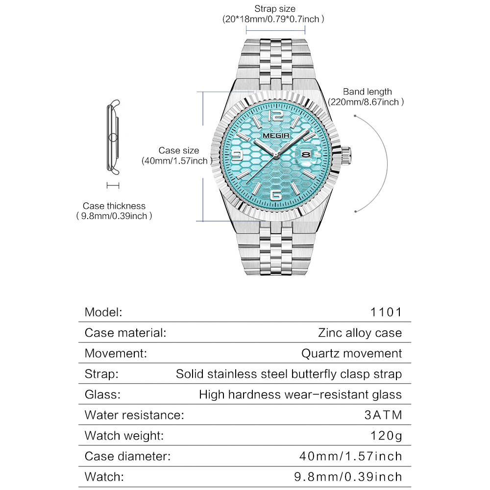 MEGIR Luxury Business Man Week Date Luminous Waterproof Watches for Men Stainless Steel Quartz  Fashion Men's Wristwatch