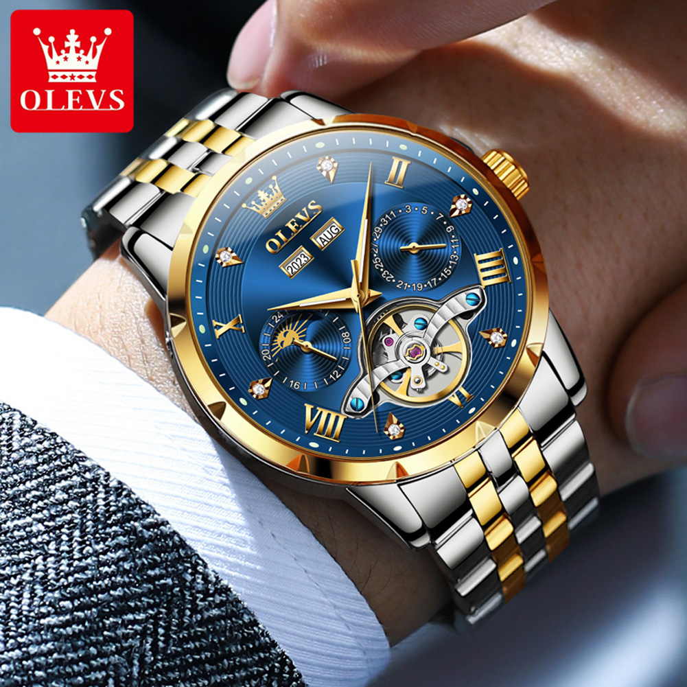 OLEVS Skeleton Multifunctional Men's Watch Automatic Mechanical Luxury Wrist Watch For Men Waterproof Stainless Steel Strap 6691