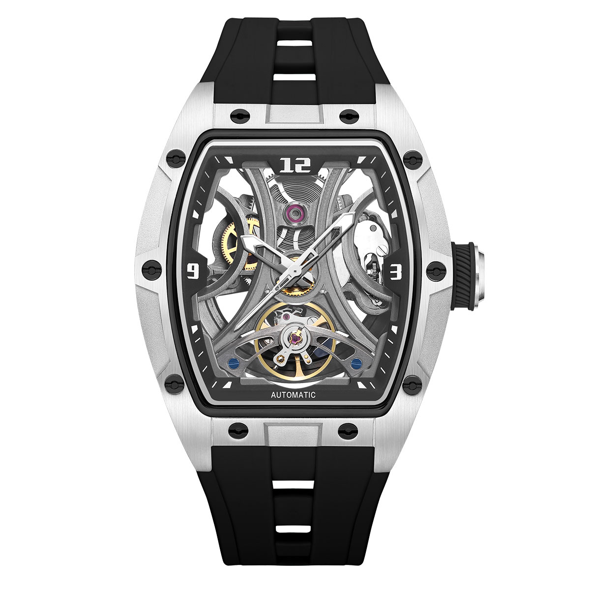 MEGIR Fashion Sports Mechanical Watch for Men Automatic Self-winding Wristwatch with Silicone Strap Transparent Tonneau Dial