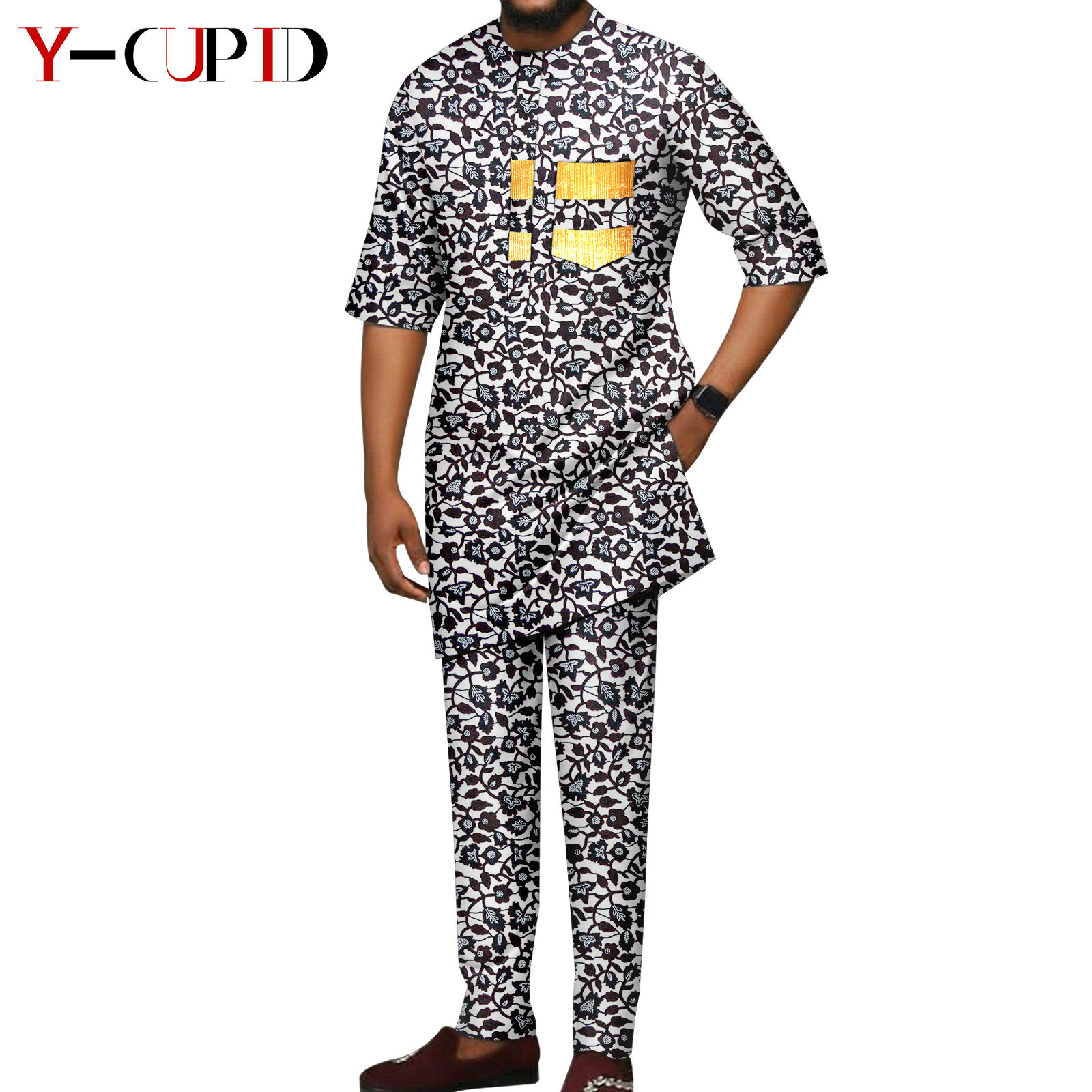 African Print V-neck Dresses for Women Couple Matching Men Outfits Top and Pant Sets Dashiki Bazin Riche Lover Outwear Y23C086