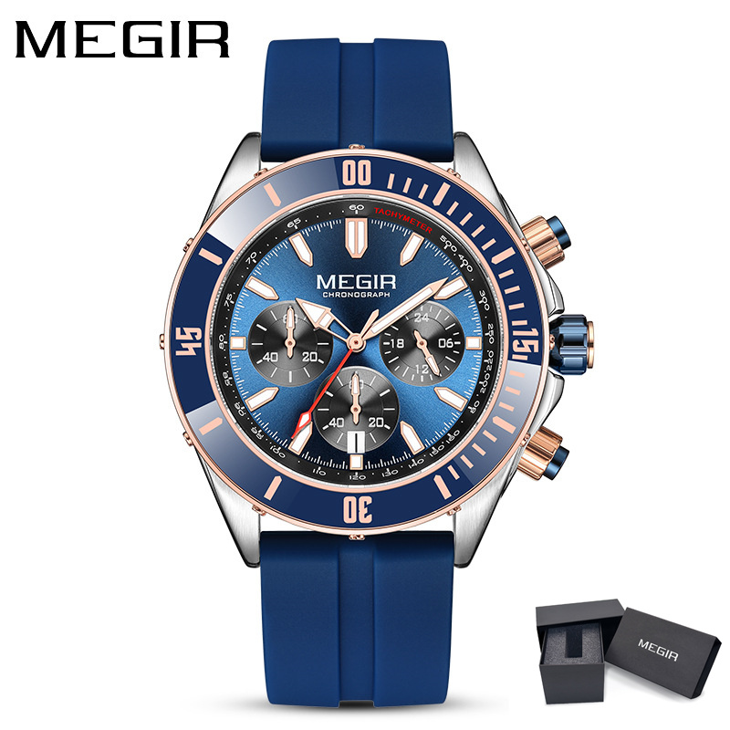 MEGIR 2226 Men Quartz Watch Silver Blue Black Business Chronograph Luminous Wristwatch with Stainless Steel Silicone Strap