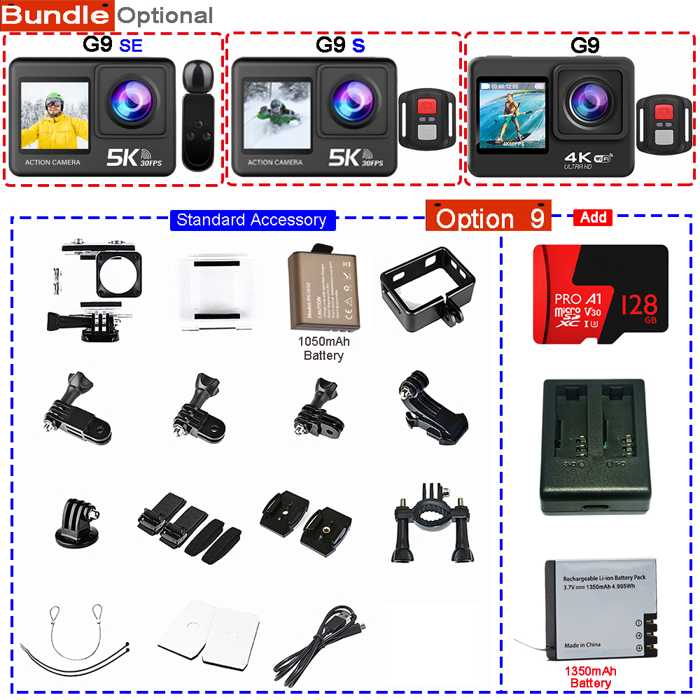 Action Camera 5K 4K60FPS 50MP 2.0 Touch EIS Pre-Record Wireless Mic Wi-Fi 170D DVR Webcam Waterproof 30M 5X Zoom Sports Camera