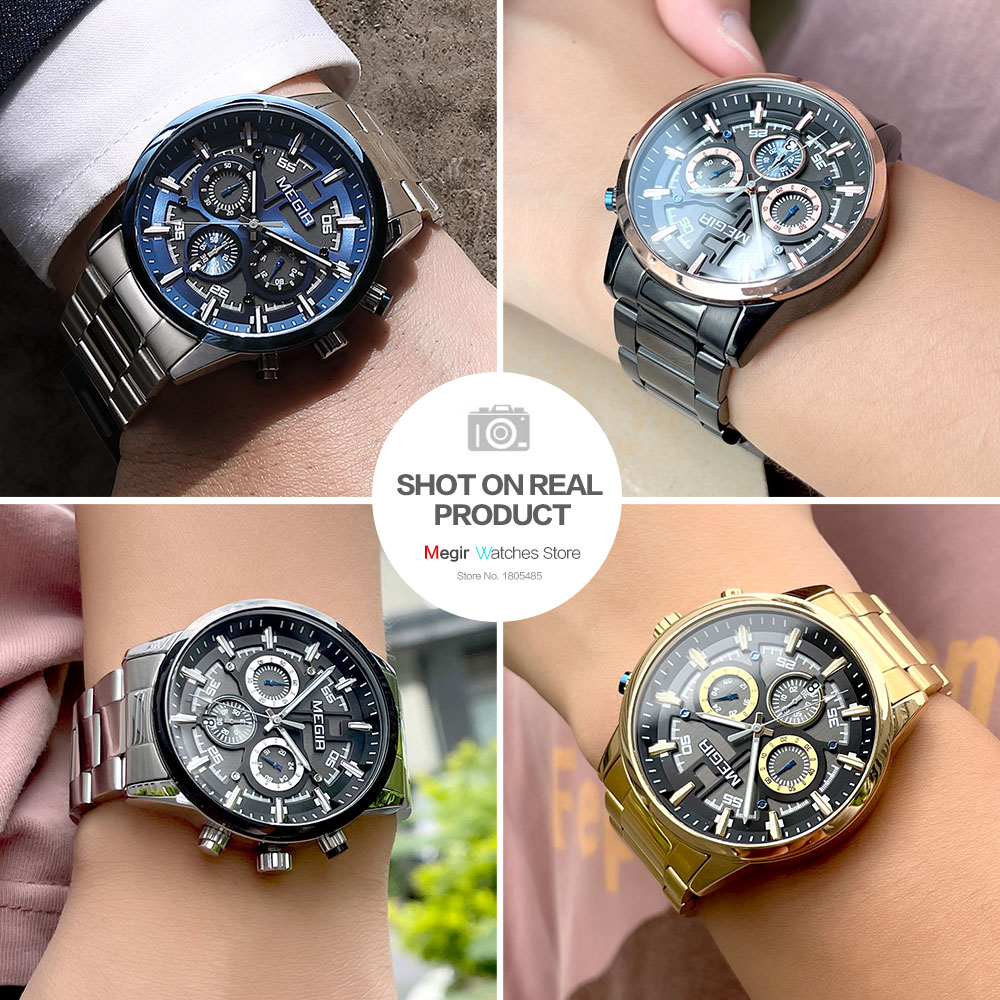 MEGIR Formal Dress Watch Men Luminous Chronograph Quartz Wristwatch with Stainless Steel Strap Auto Date 24-hour Black Rose Gold