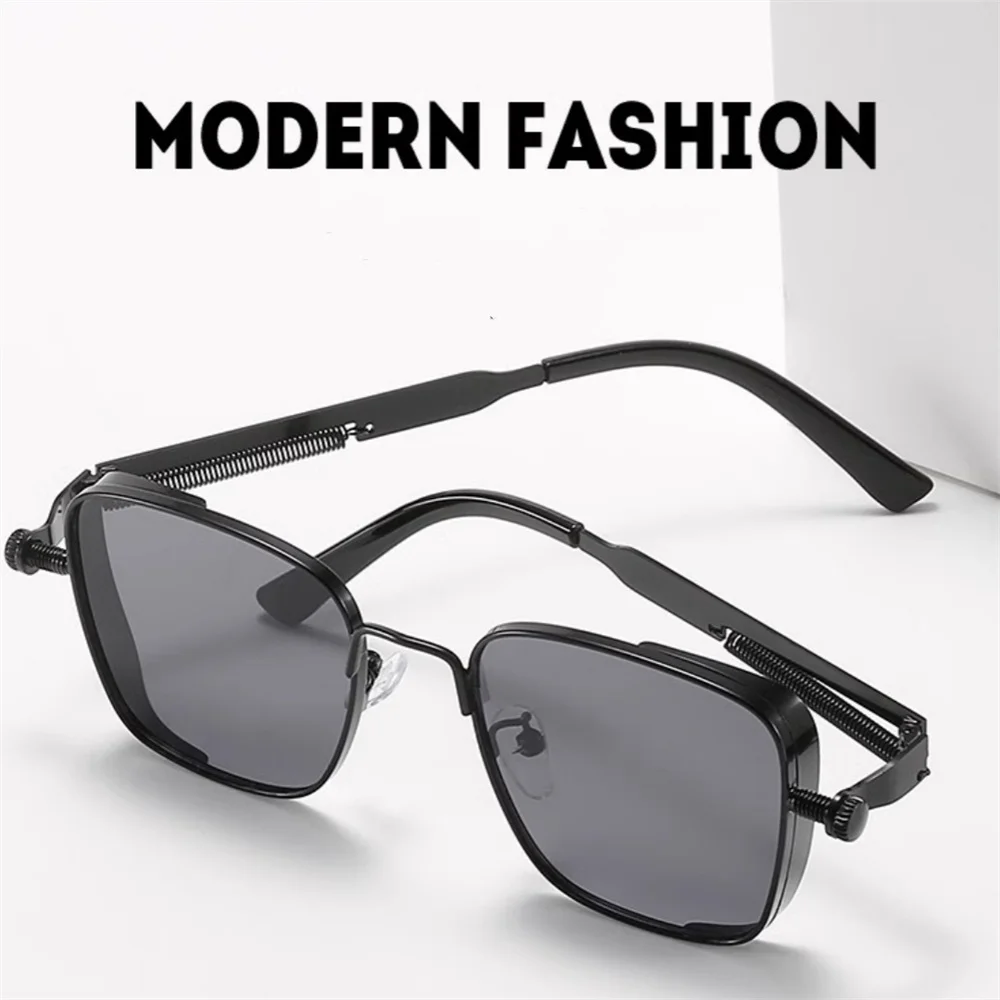 Men Driving Sunglasses Vintage Steampunk Square Sunglasses Metal Frame with Spring Hinges Women Eyepiece Trendy Driver Glasses