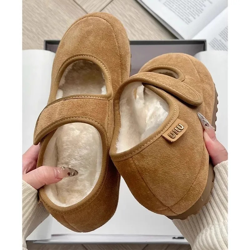 Thick Heel Mary Janes Women's Shoes Fleece Lined Casual Fur Slip-On Autumn Winter Rubber Sole round Toe Commuter Style Shoes